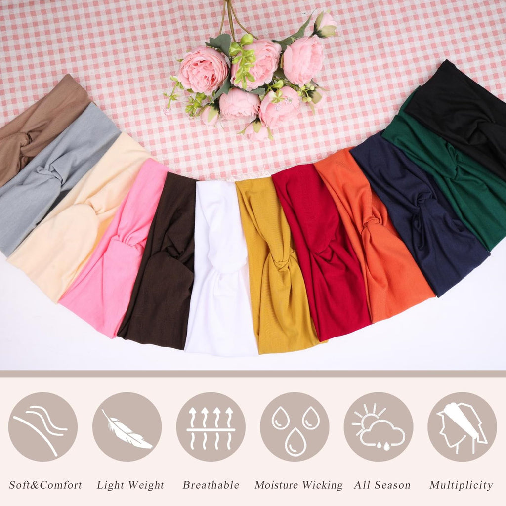 XTREND 12 Pcs Women's Headbands Twisted Cross Elastic Head bands Yoga Workout Non-Slip Sweat Soft Headband Solid Color Simple Versatile Hair Accessory Scarf