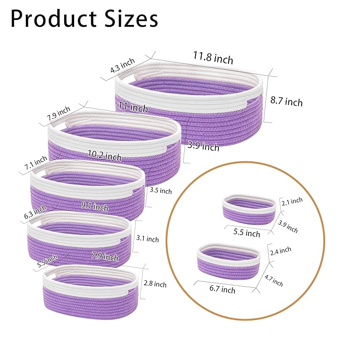 HLWDFLZ 7 Piece Cotton Rope Woven Basket Set - Small Basket for Baby Nursery, Pets, Montessori, Dog & Cat Toy Boxes, Bathroom Organization Bins (White/Purple)