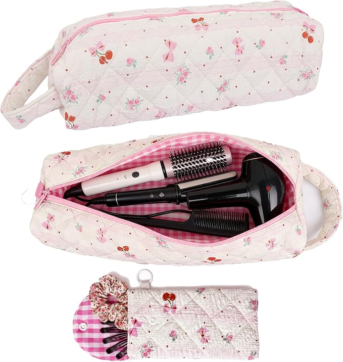 Hair Tool Bag, Quilted Hair Tools Travel Bag, Cute Large Hair Styling Tool Storage Case with Small Pouch, Compatible with Shark Flex Dyson Airwrap Hair Dryer Curling Iron, Cherry