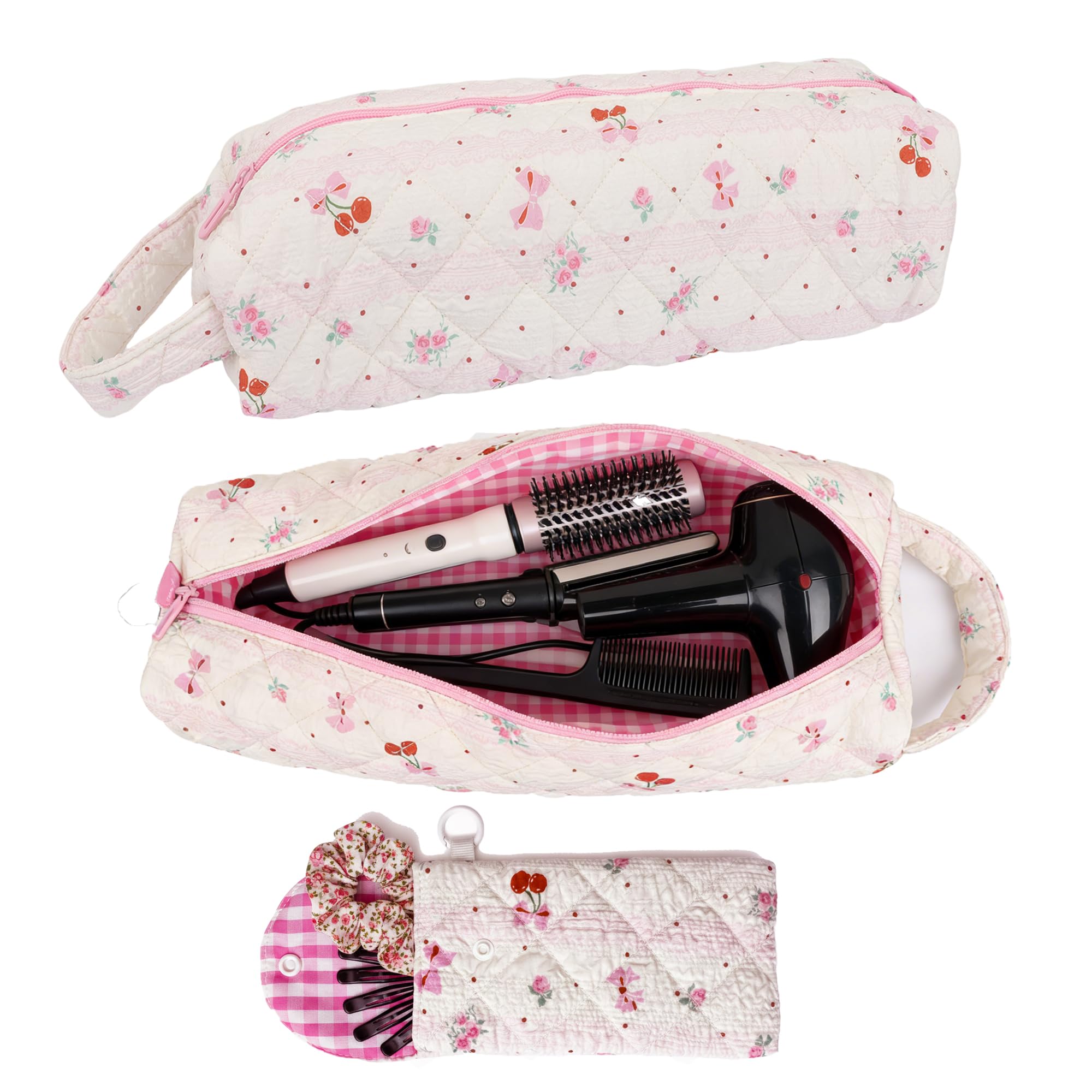 Hair Tool Bag, Quilted Hair Tools Travel Bag, Cute Large Hair Styling Tool Storage Case with Small Pouch, Compatible with Shark Flex Dyson Airwrap Hair Dryer Curling Iron, Cherry
