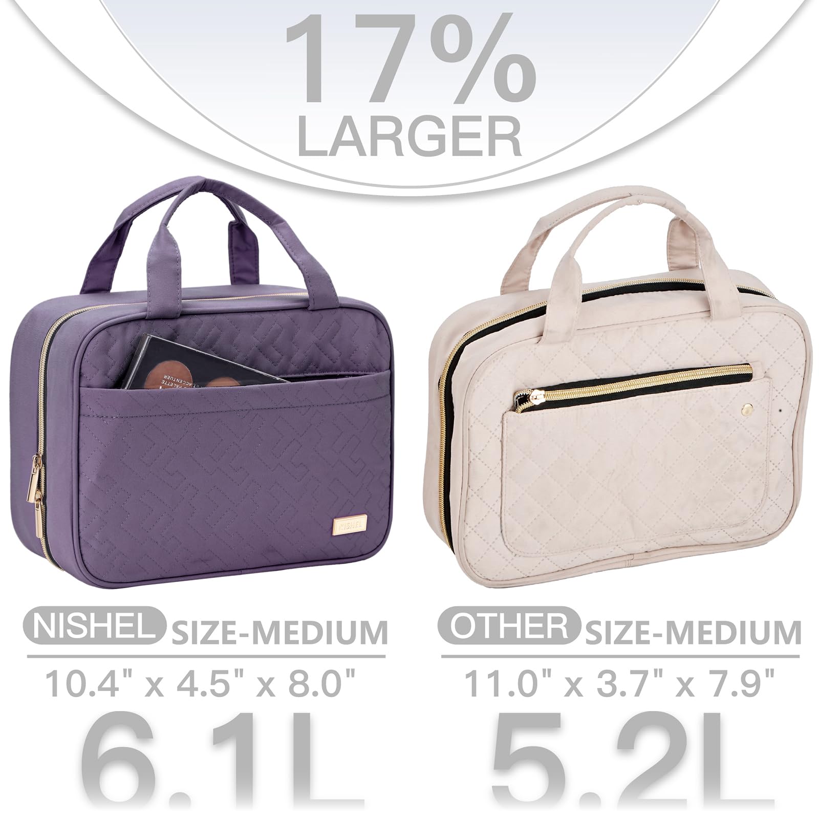NISHEL Travel Toiletry Bag for women, Portable Hanging Organizer for Travel-Sized Shampoo, Conditioner, Brushes Set, Makeup Accessories, Medium Size, Purple