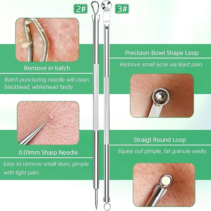 5PCS Blackhead Remover Comedone Extractor, Curved Blackhead Tweezers Kit, Professional Stainless Pimple Acne Blemish Removal Tools Kit for Manual