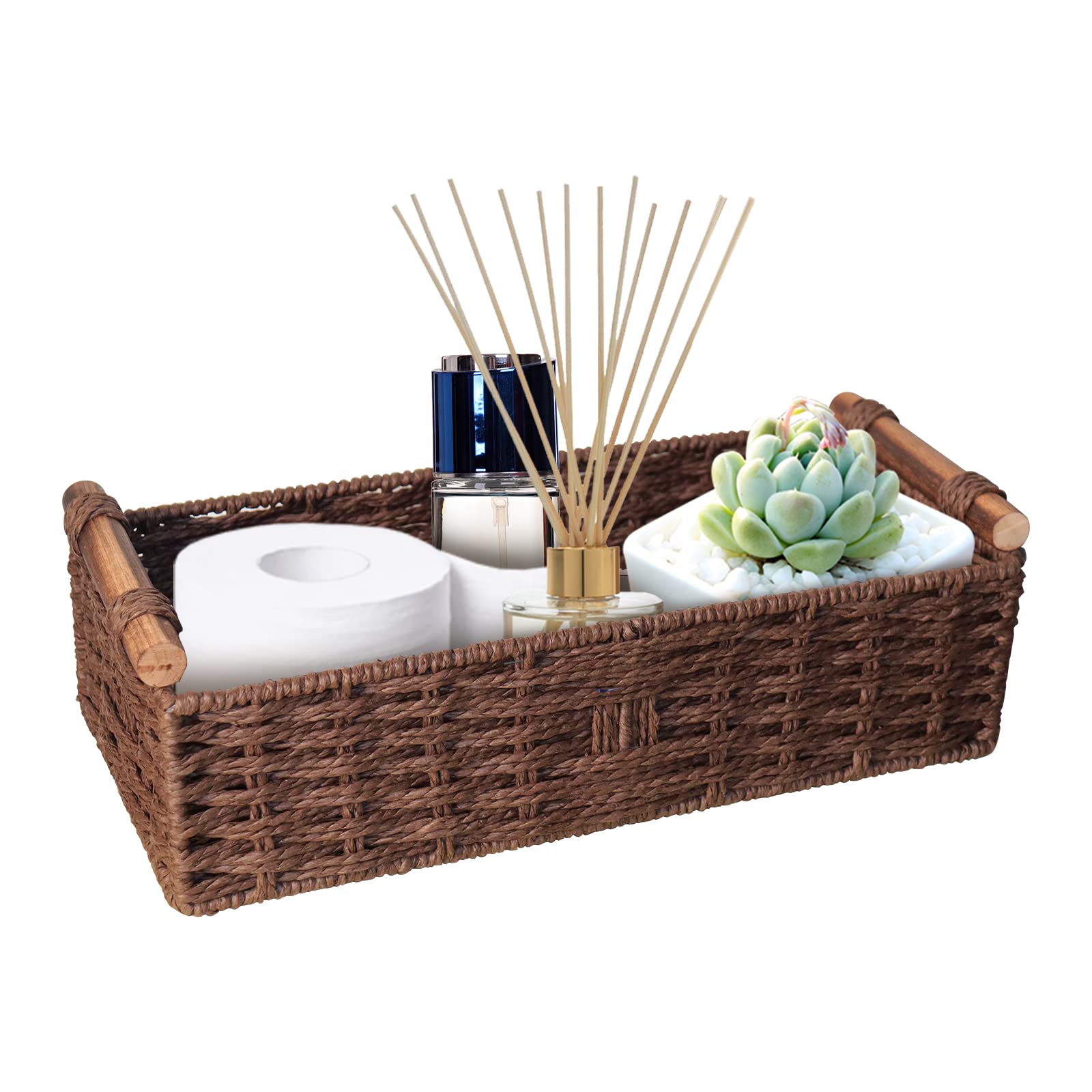Round Paper Rope Storage Basket Wicker for Organizing with Handle, Decorative Bins Countertop Toilet Paper for Tank Top Small Set, Brown