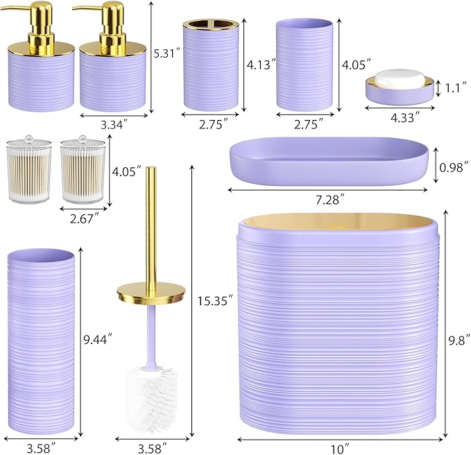 InnJoey Bathroom Set, 10PC Bathroom Accessory Set, Purple Bathroom Accessories, Purple and Gold Bathroom Set with Trash Can, Soap Dispensers