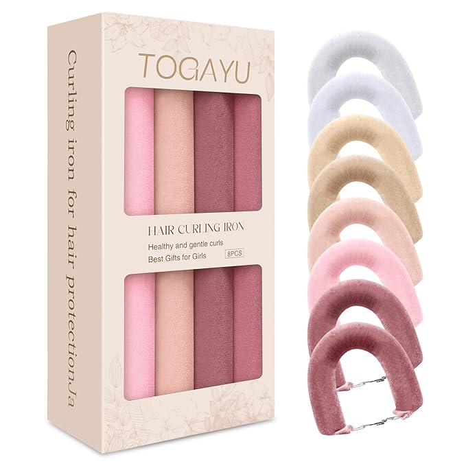 Togayu Heatless Curling Rods for Overnight Curls - Jumbo Soft Hair Rollers to Sleep in, No-Damage Flexi Rods with Silk Scarf - For All Hair Types and Texture - 8pcs White