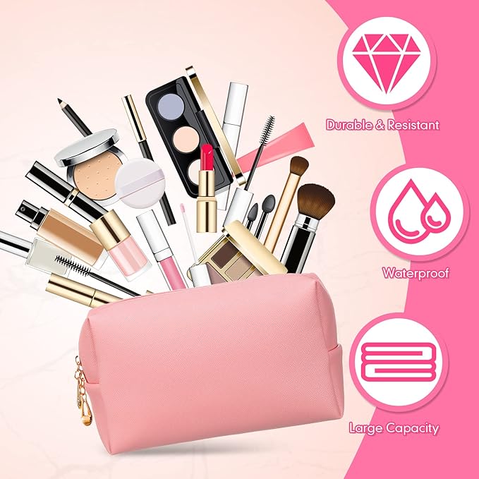 Kigeli Aesthetic Makeup Bags PU Leather Cosmetic Pouches Waterproof Plain Toiletry Bags Makeup Pouches Bulk for Women Party Gift Travel Storage Organizer(Pink,7.1 x 2.8 x 4.3 in)
