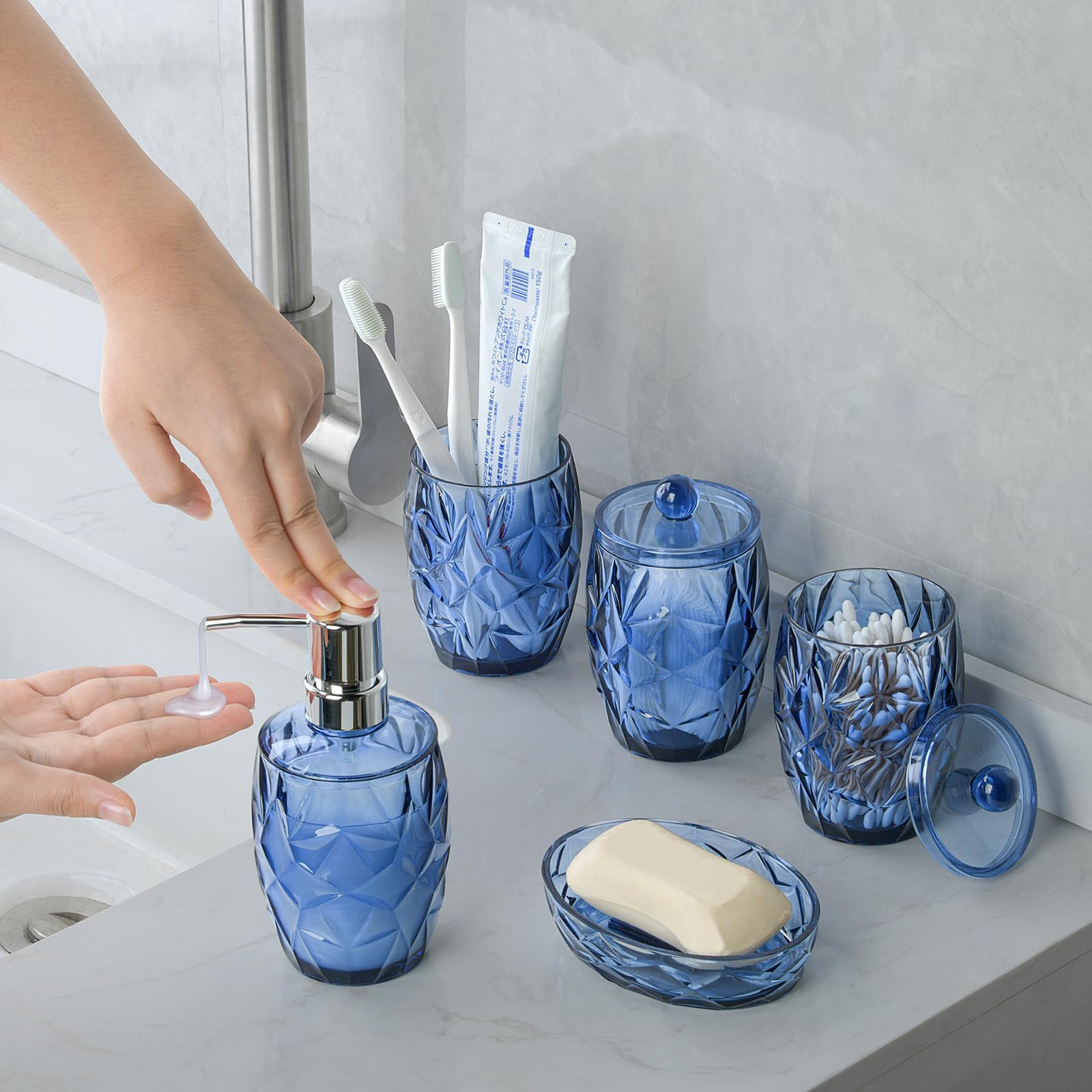 Modern Shatterproof Acrylic Cobalt Blue Bathroom Accessories Set – 5-Piece Glass-Free Vanity Set with Soap Dispenser, Toothbrush/Makeup Brush Holder, 2 Cotton Jars with Lids, and Soap Dish