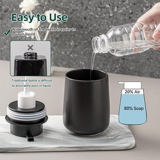 AZMOYAC Black Foaming Soap Dispenser - Modern Ceramic Foam Hand Soap Dispenser Bathroom, 12 Oz Facial Cleanser Dispenser Bottle with Foam Pump, Refillable Wash Dish Dispenser for Kitchen
