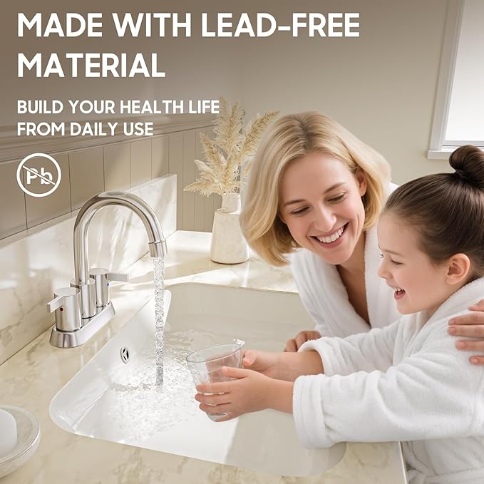 Phiestina 4 Inch Centerset 2 or 3 Holes 2 Handle Chrome Lead-Free Bathroom Faucet, Swivel Spout with Copper Pop Up Drain and 2 Water Supply Lines, BF015-1-C