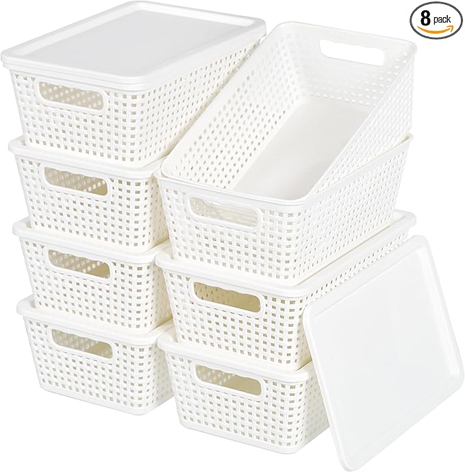 Anywish Plastic Storage Baskets With Lid, Storage Bins for Organizing, Stackable Decorative Containers for Shelves Drawers Desktop Closet Playroom Classroom Office, 8 Pack-White