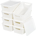 Anywish Plastic Storage Baskets With Lid, Storage Bins for Organizing, Stackable Decorative Containers for Shelves Drawers Desktop Closet Playroom Classroom Office, 8 Pack-White