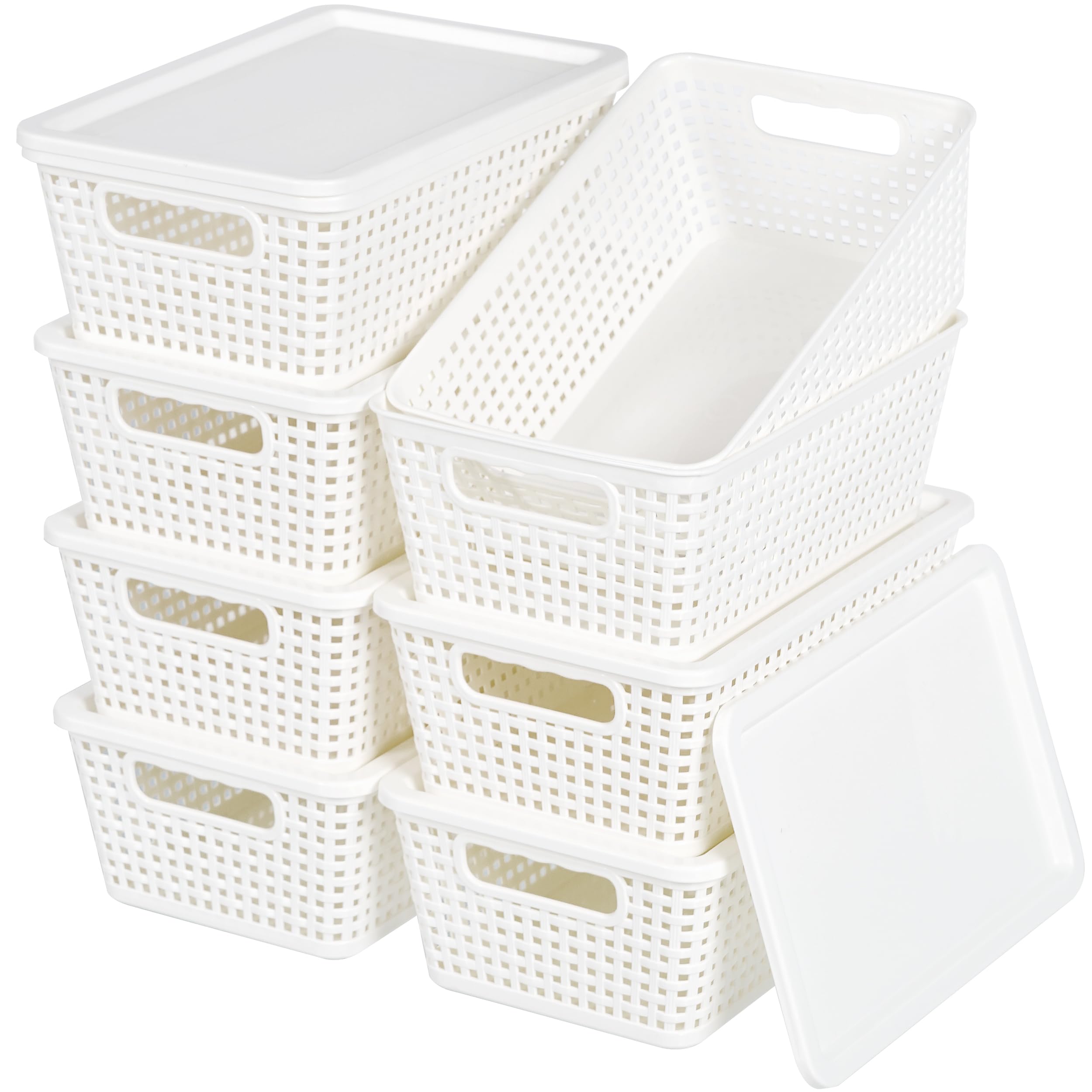 Anywish Plastic Storage Baskets With Lid, Storage Bins for Organizing, Stackable Decorative Containers for Shelves Drawers Desktop Closet Playroom Classroom Office, 8 Pack-White