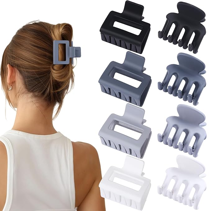 Medium Hair Clips Combination 2 Styles Small Claw Clips for Thin Hair 8 Pcs Matte Non-slip Rectangle Jaw Clips Square Hair Accessories for Women and Girls (Grey)