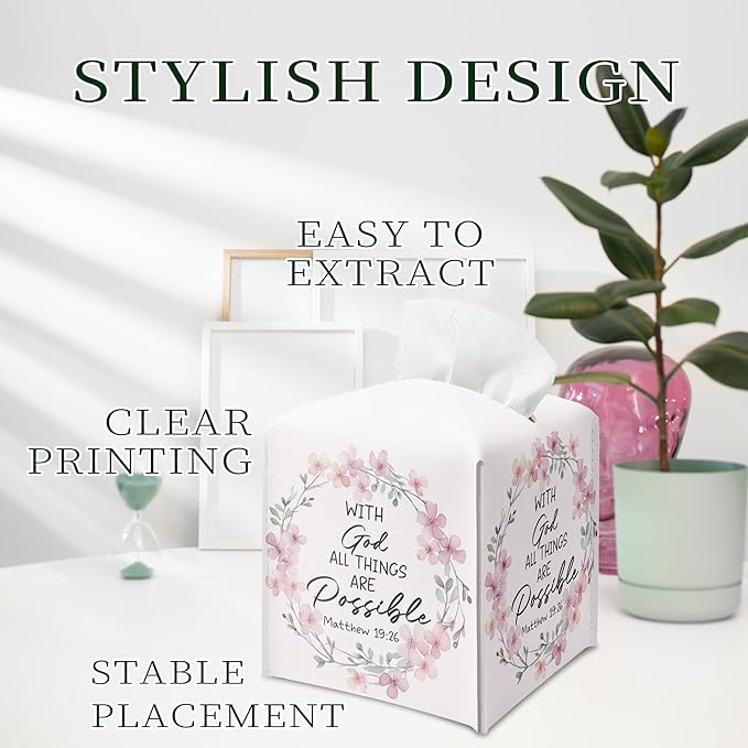 with God All Things are Possible Tissue Box Cover Square, Pink Wreaths Waterproof Leather Tissue Box Holder, Pink Paper Facial Tissue Box Covers Cube for Office Bathroom Home Prayer Room