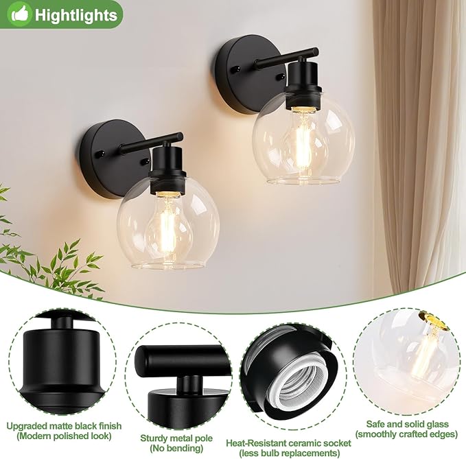 Set of 2 Black Modern Bathroom Wall Sconces, Clear Glass Vanity Lights with E26 Socket, Up & Down Reversible Bathroom Light Fixtures for Mirror, Bedroom, Hallway, Living Room