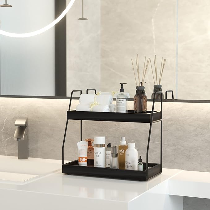 ZGO 2-Tier Modern Bathroom Counter Organizer, Wooden Sink Organizer Shelf for Vanity Storage, Makeup Bedroom Corner (Black Frame, 2 Shelves)