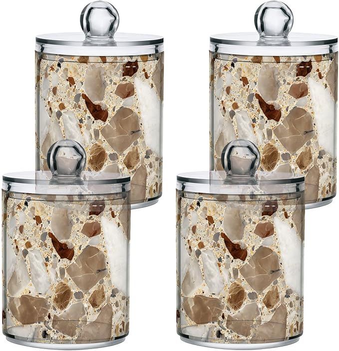 xmycdz 2 Pack Brown Marble Print Apothecary Jars with Lid, 10 Oz Marble Print Clear Plastic Apothecary Jar Set Qtip Holder Storage Containers for Cotton Ball Swabs Bathroom Vanity