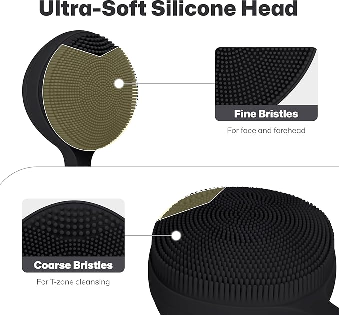 PRITECH Facial Cleansing Brush with Vibrating, Rechargeable Silicone Face Scrubber for Deep Pore Cleaning, Exfoliator & Waterproof Face Brush with Heat End for for Women and Men (Black)
