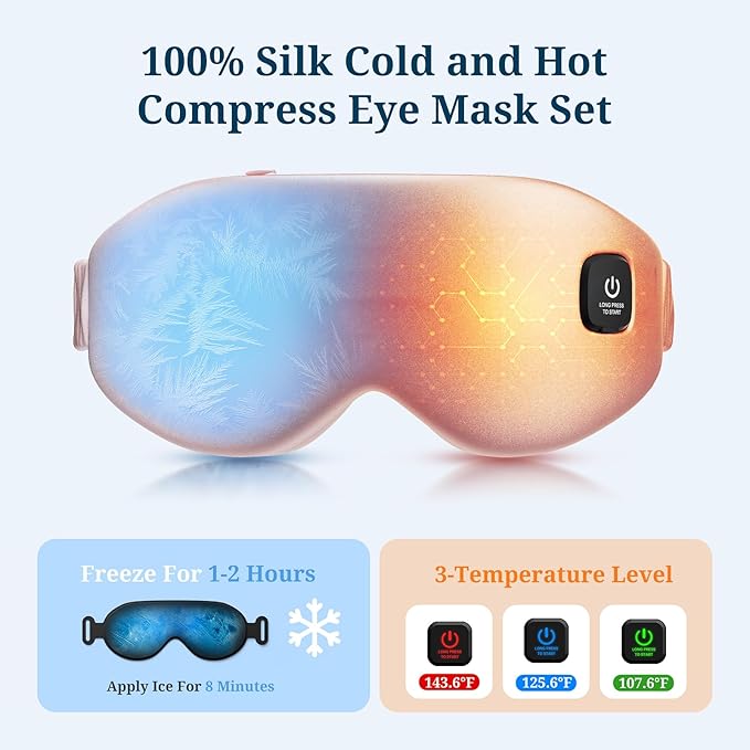 100% Silk Wireless Heated Eye Mask with Cooling, Relieves Dry Eye Syndrome and Puffy, Reduces Dark Circles, Adjustable Velcro Design and Washable Cover, Suitable for Travel & Gifts-Pink.
