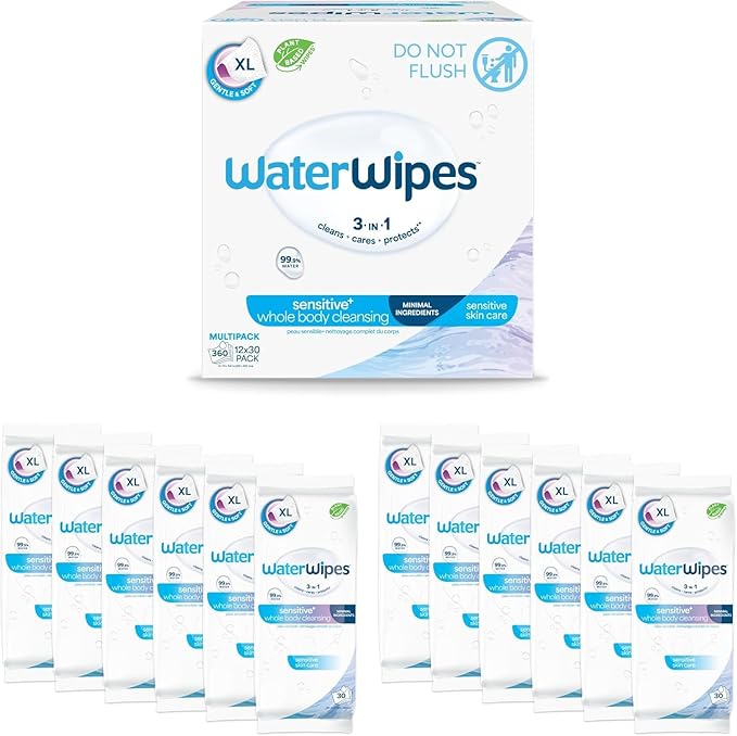 WaterWipes Sensitive Whole Body Cleansing Wipes, 99.9% Purified Water, XL Textured Wipes, Incontinence Care, Fragrance Free, 720 Count