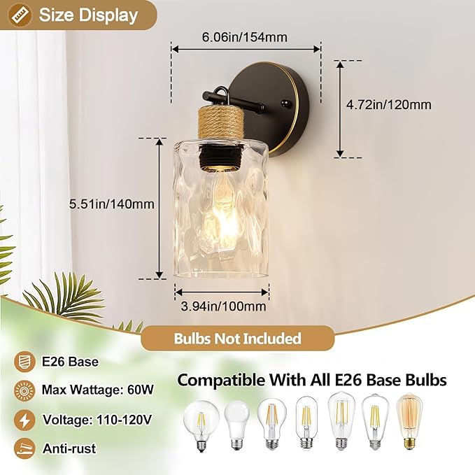 Set of 2 Wall Sconces for Bathroom, Coastal Modern Vanity Lights with Clear Glass Shade, Brown and Gold Bathroom Wall Lamp for Mirror Kitchen Living Room Hallway Cabinet Porch
