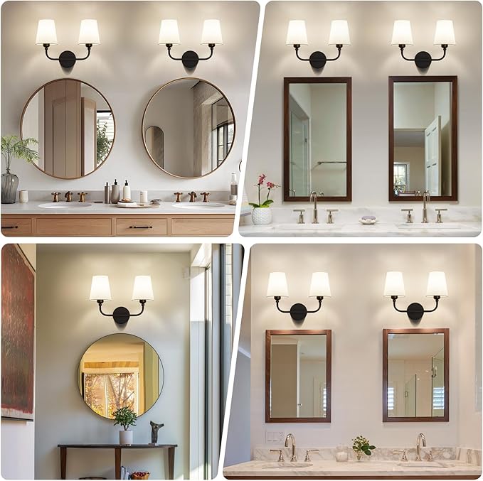 Bathroom Vanity Light, Matte Black Bathroom Light Fixtures, 2-Light Lighting Fixtures Over Mirror, Modern Wall Sconce with Flared White Fabric Shade, E26 Socket(ETL Listed)