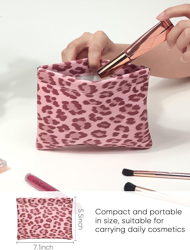 Ksriylm Leopard Leather Small Makeup Pouch for Women,Cosmetic Accessories Organizer,Waterproof and Portable Cosmetic Bag,Self-closing, No Zipper, Aesthetic Storage Pouch,Lipstick for Purse,Pink