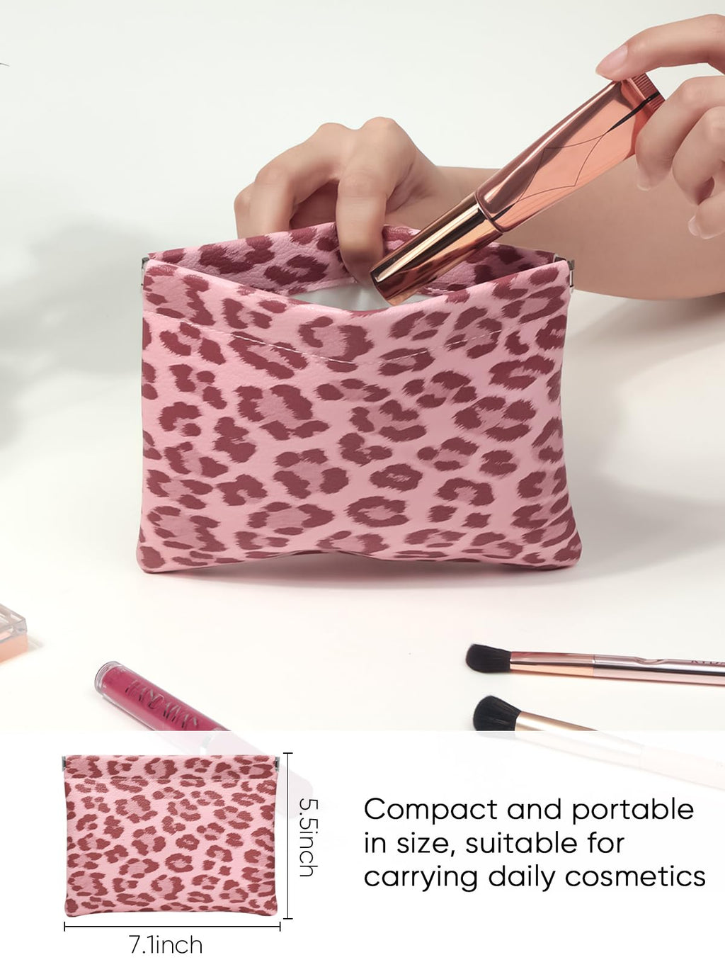 Ksriylm Leopard Leather Small Makeup Pouch for Women,Cosmetic Accessories Organizer,Waterproof and Portable Cosmetic Bag,Self-closing, No Zipper, Aesthetic Storage Pouch,Lipstick for Purse,Pink