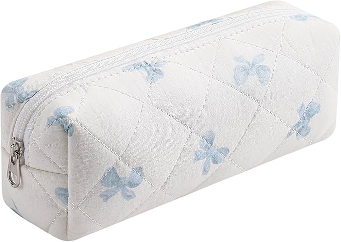 WHHJM Cute Floral Makeup Brush Bag Small Cotton Quilted Cosmetic Bag for Women Travel Toiletry Zipper Make Up Pouch (Blue Small Bowknot)