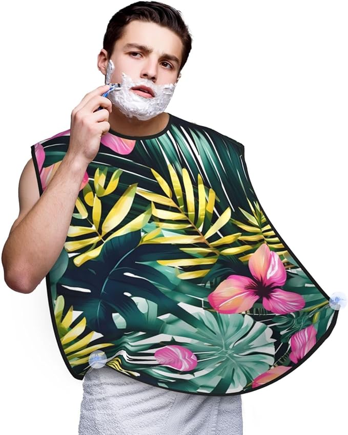 NOUZU Tropical Summer Hawaiian Flower Palm Leaves Print Beard Bib Apron For Men, Beard Hair Catcher For Men Shaving Trimming,Beard Cape Cloth