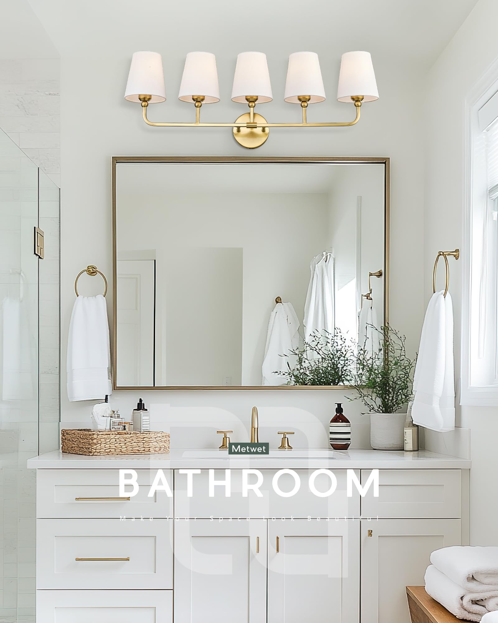 METWET 5-Light Brushed Gold Bathroom Vanity Light, White Fabric Shades