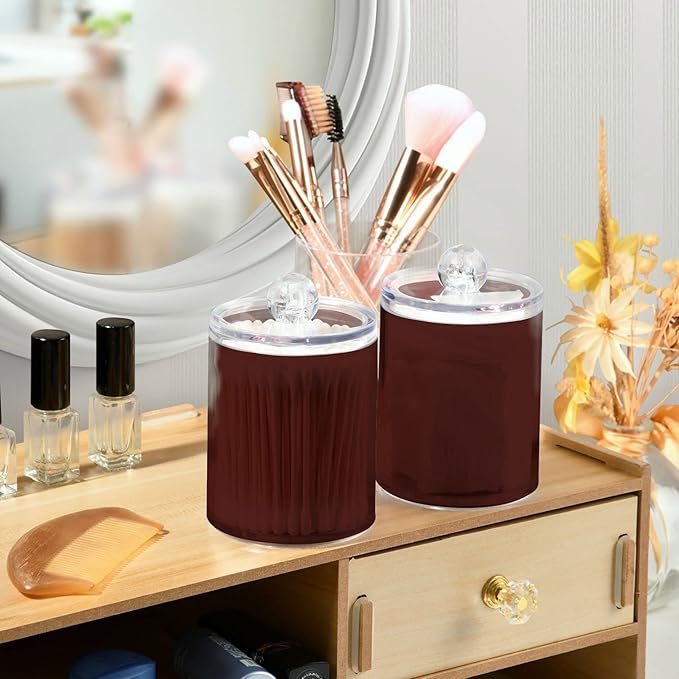 Indian Red Qtip Holder Organizer Dispenser Cotton Swabs Cans Plastic Jars with Lid Set 2 Pack Bathroom Storage Canister for Cotton Ball Floss Cotton Pads
