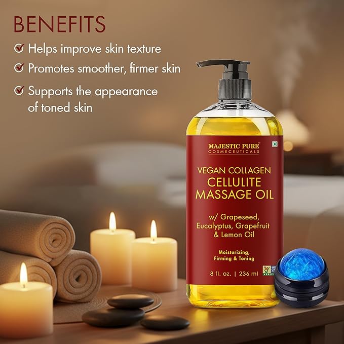 Majestic Pure Cellulite Massage Oil for Massage Therapy- Refreshing and Relaxing- Natural Oils with Grapeseed, Eucalyptus, Grapefruit & Lemon Oil- All Skin Types- Men and Women Massage Lotion- 8 fl oz
