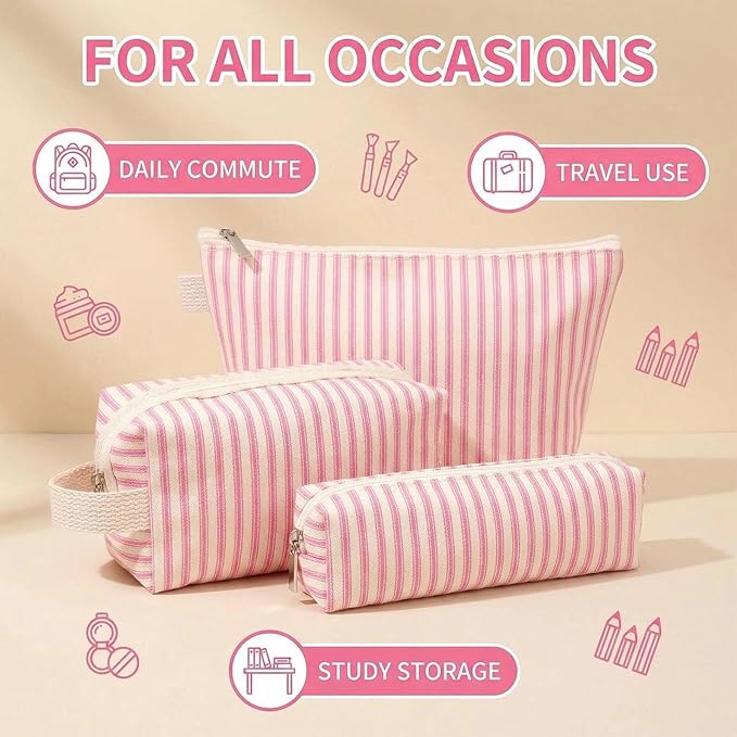 Beayuva 3 Pcs Canvas Makeup Bag Set Cosmetic Pouch for Women Travel Toiletry Bag Cute Makeup Organizer Purse Pouch Preppy Pencil Case with Zipper (Pink Pinstripes)