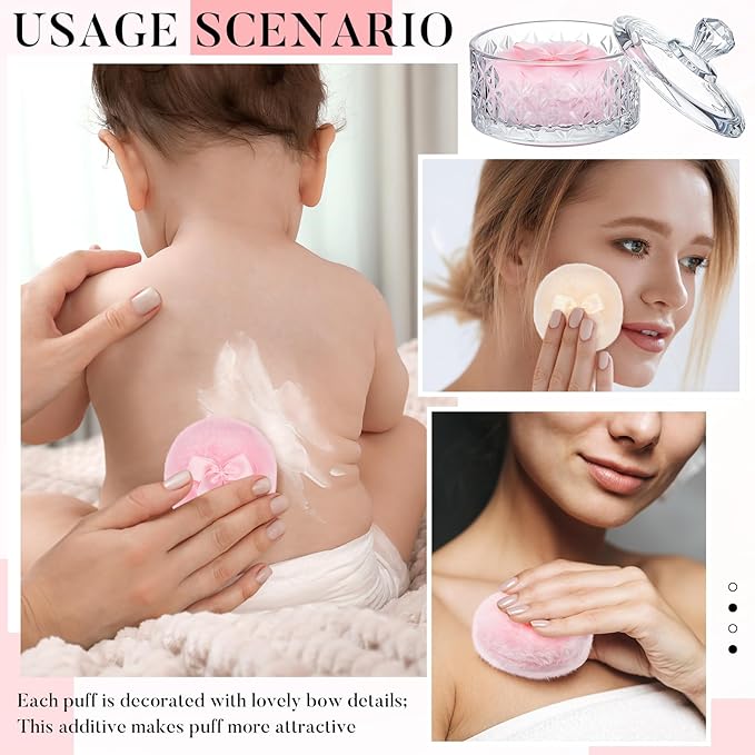 Tioncy 3 Pcs Large Body Powder Puff and Container Valentine's Day gift Powder Container with Puff Crystal Case Soft Washable Reusable Velour Face Body Glitter Wet Dry Makeup(Diamond,Clear)