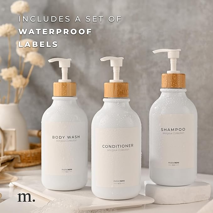 Shampoo and Conditioner Bottles Set of 3 White Bamboo – Shower Shampoo Dispenser – Hotel Style Bathroom Upgrade by MaisoNovo