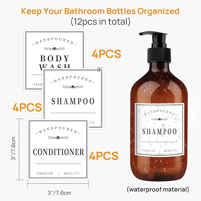 HVSWLY 12PCS Bathroom Labels for Bottles,Minimalist Bathroom Organization Labels,Waterproof Bottle Labels for Shampoo Conditioner Body Wash(White)