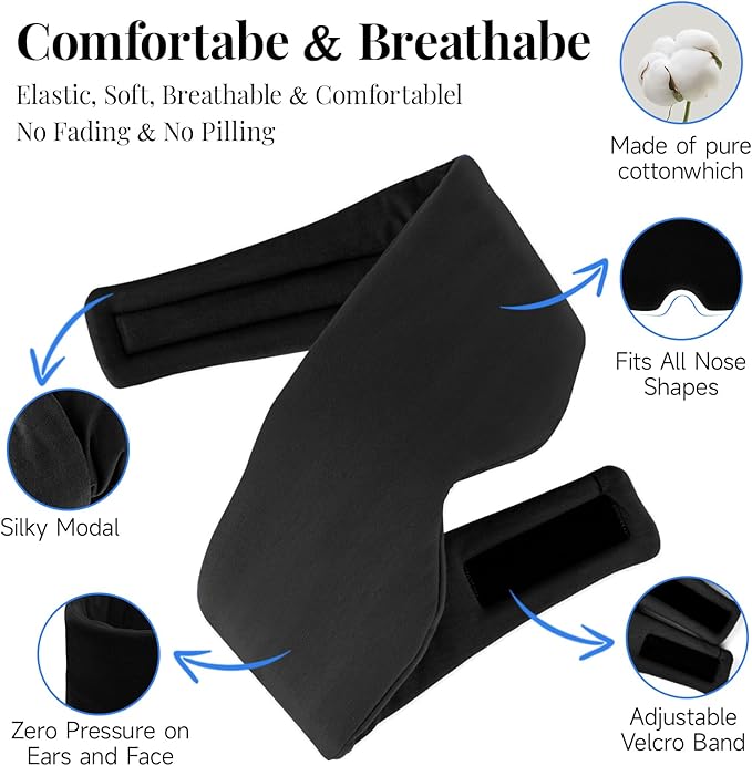 Cotton Sleep Eye Mask for Men Women, 100% Blocking Light Sleeping Mask for Side Sleeper, Soft Zero Pressure Cooling Blackout Eye Masks for Sleep, Eye Covers for Sleeping fits All Heads Adjustable