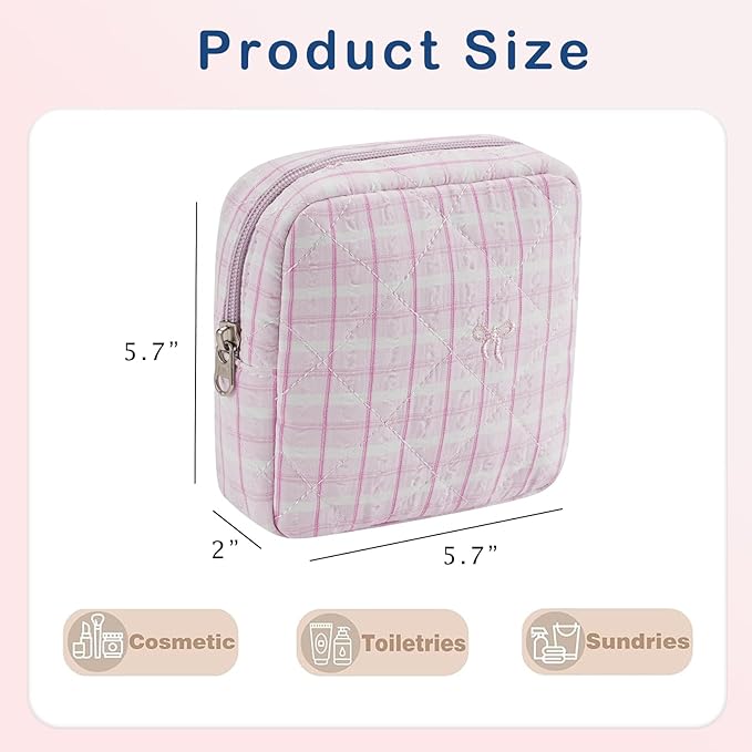 RSRSLEII Small Quilted Striped Cosmetic Pouch for Purse, Mini Cotton Makeup Bag with Compartments, Cute Zipper Lipstick Holder for Women (23 Pink Stripes)