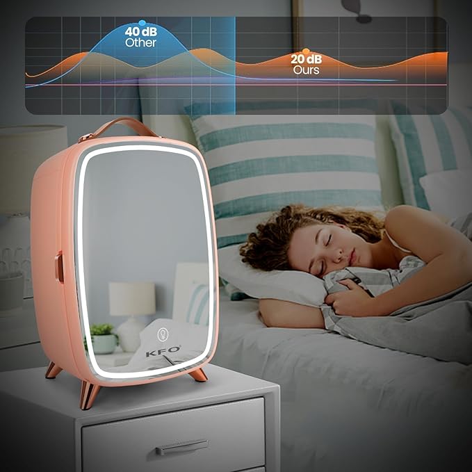 KFO Mini Skincare Fridge 6L – Beauty Fridge with Mirror & 3-Mode LED Light, Portable Cosmetic Cooler for Makeup Serums Creams, 43°F Cooling 20dB Quiet, Small Fridge for Bedroom Bathroom Office