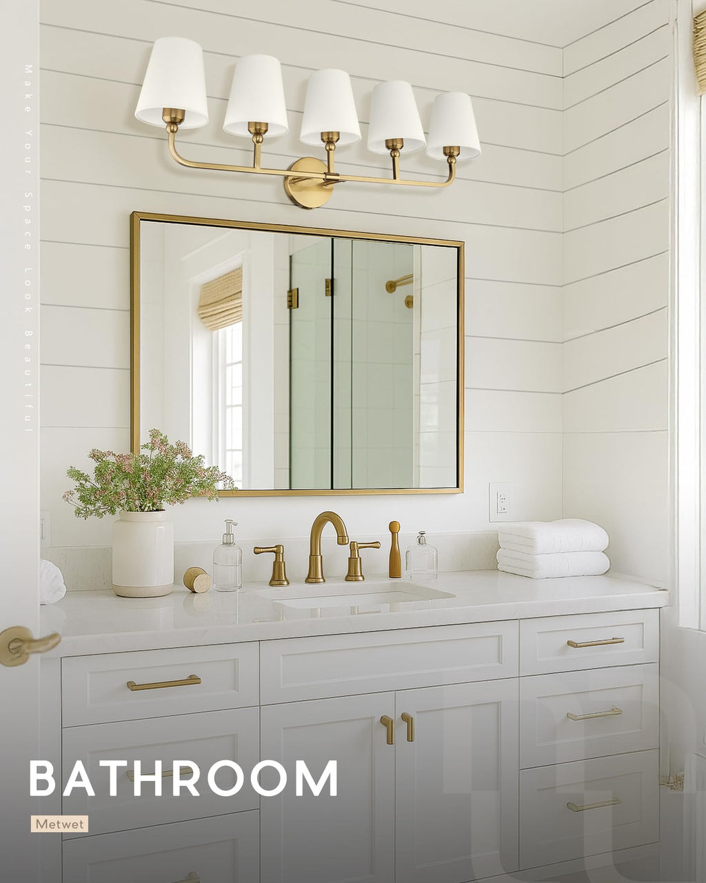 METWET 5-Light Brushed Gold Bathroom Vanity Light, Beige Fabric Shades