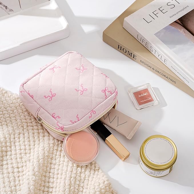 RSRSLEII Small Quilted Cosmetic Pouch for Purse, Mini Cotton Makeup Bag with Compartments, Cute Zipper Lipstick Holder for Women (05Small Pink bow)