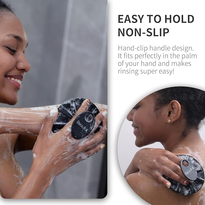 Silicone Body Scrubber with Scrub Net, BEAUTAIL 2 Pack – Rich Foam and Exfoliation with Gentle Brush or Firmer Net Options – Hygienic, Durable, Easy to Clean – 1 Shower Brush Black, 1 Scrub Net Gray