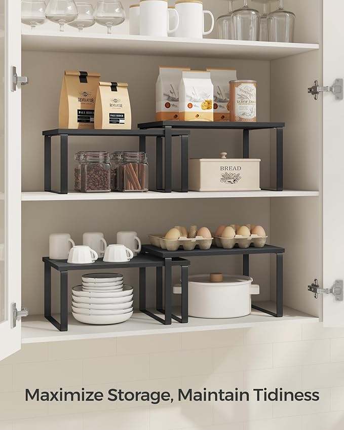 SONGMICS Cabinet Organizer Shelf, Set of 2 Kitchen Counter Shelves, Kitchen Storage, Spice Rack, Stackable, Expandable, Metal and Engineered Wood, 11.7 Inches, Ink Black and Charcoal Black UKCS02B01