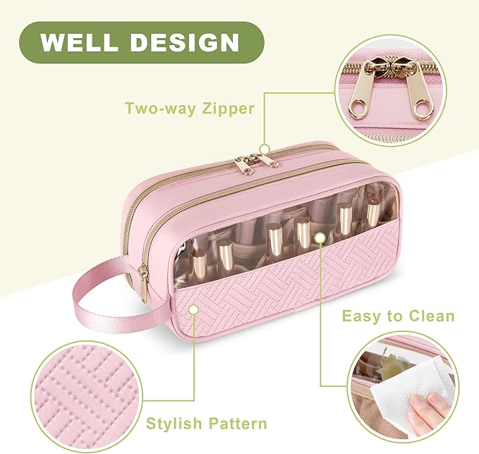 Nail Polish Organizer Case Fits 12 Bottles (15ml), Nail Polish Supplies Storage Bag with Clear Window, Pink