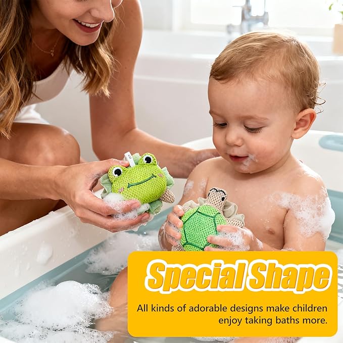 Kids Loofah, Cute Cartoon Animal Kids Bath Sponge with Hanging Rope, Soft Double Mesh for Rich Lather (Long Eared Bear)