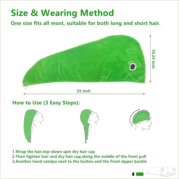 2-Pack Frog Hair Turbans, Super Absorbent Microfiber Hair Towels for Long Hair, Quick Dry, Cute Animal Design, Gift for Women Girlfriend Bestie