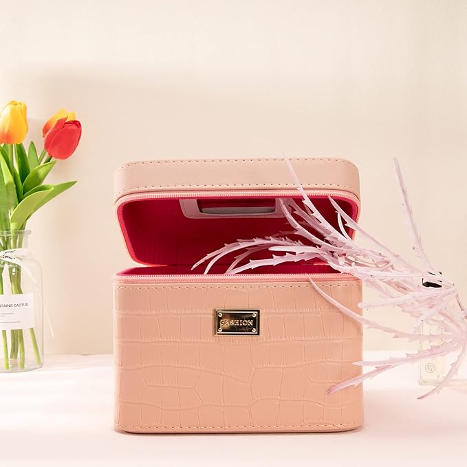 Sluxa Fashion makeup box, Portable leather hard cosmetic case with mirror, Professional train case make up box for women adults. (Pink)