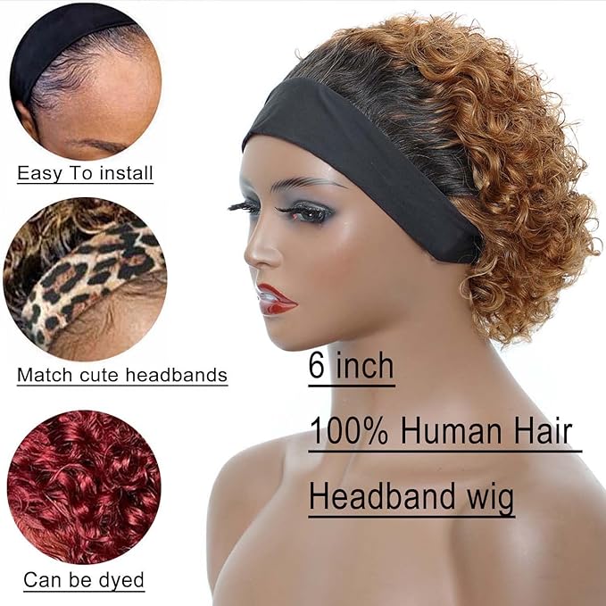 Headband Wigs Human Hair for Black Women Blonde Ombre Pixie Cut Headband Wig Put On and Go Glueless Human Hair Wig with Headband,150% Density 6inch，T27