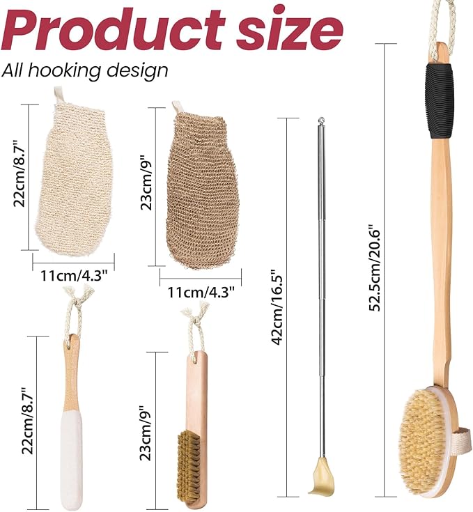 Vafada Wood Bath Brush,Long Handle Body Back Scrubber with Soft and Natural Bristles Antiskid Shower Brush Set for Bathroom Wet or Dry Exfoliating (6 Pack) (20.6'' Long Handle)